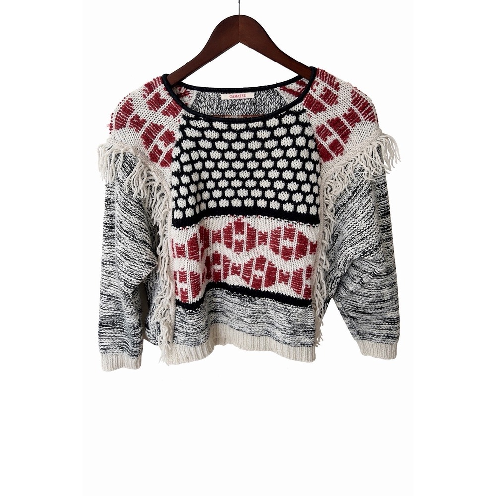 Camaïeu Boho Fringe Knit Sweater Cropped Tribal Pattern Cream Black Red Cozy